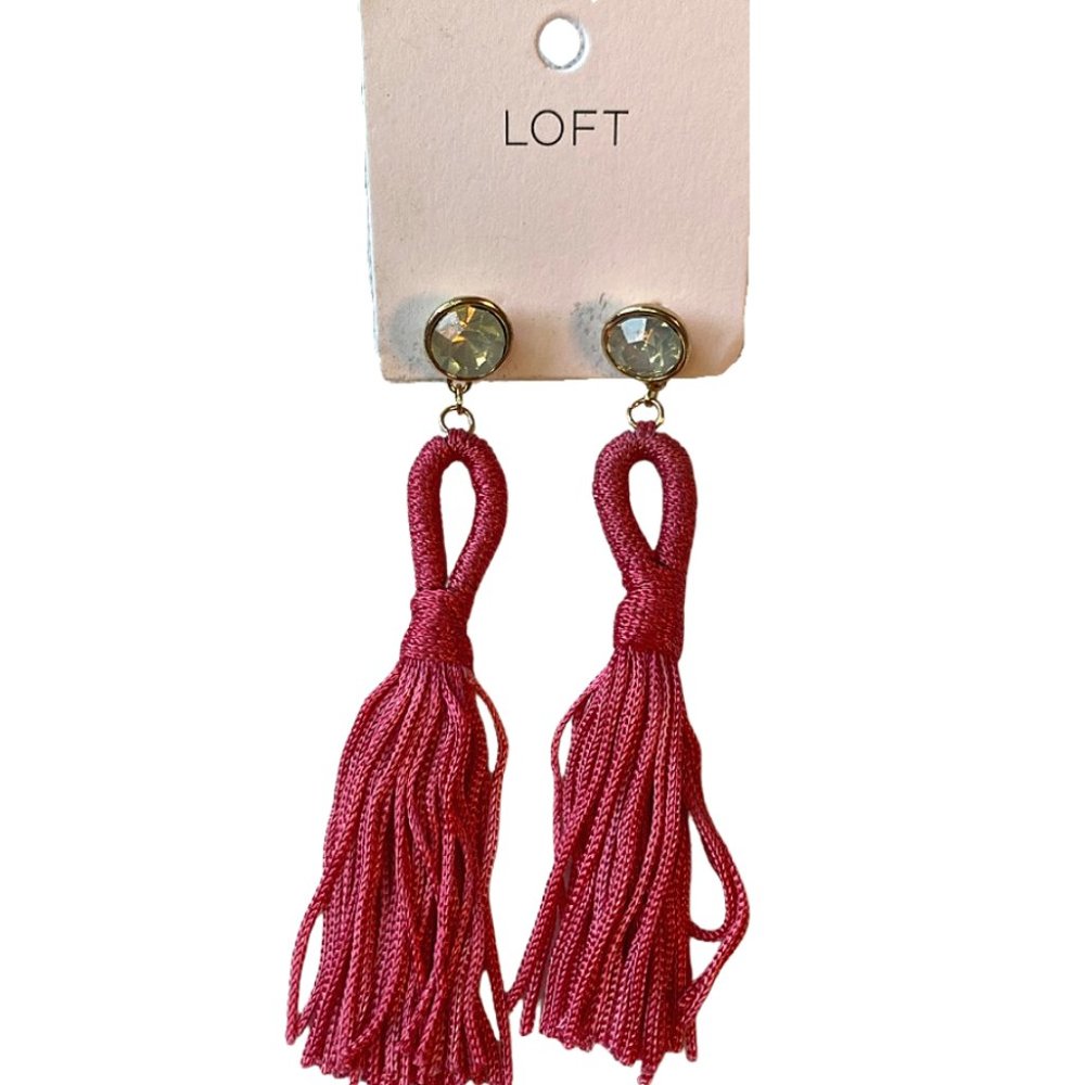 LOFT Pink Tassel and Rhinestone Dangle Earrings